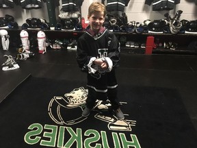Fredericton, N.B., youngster Carson Ferdinand inside the University of Saskatchewan Huskies'dressing room at the 2017 Cavendish Farms University Cup.