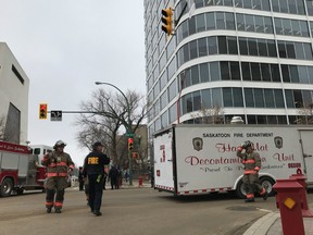 The Saskatoon hazardous material unit, along with fire and police crews, responded March 28, 2017 shortly after 9 a.m. to Saskatoon Square at the corner of 22nd Street East and Fourth Avenue North after a report of a suspicious package