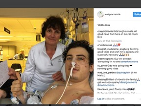 Mark McMorris, on March 28, 2017, recovers in a Vancouver hospital from a snowboarding accident as his mother Cindy looks on in a photo from his brother Craig's Instagram feed.