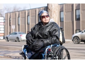 Marlene Bird outside court in Prince Albert on March 21, 2017, during the dangerous offender hearing of Leslie Black, who attacked and burned her in 2014. (Arthur White-Crummey, Prince Albert Daily Herald)