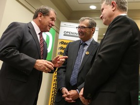 (Left to right) Deputy Chair of TD Frank McKenna speaks with Remai Modern's Board Chair Alain Gaucher and the Remai Modern's Executive Director and CEO Gregory Burke after announcing its $400,000 contribution to the Remai Modern's free programming in Saskatoon on March 22, 2017.