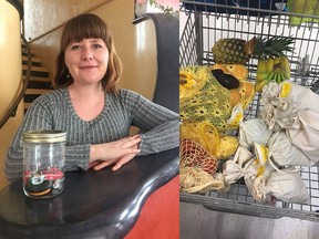 Waste Not YXE co-founder Melissa Nygren with the Mason jar she uses as a garbage can, left, and her environmentally-friendly and completely re-usable shopping bags.