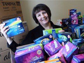 Andrea Howe has been collecting feminine hygiene products at the United Way for Tampon Tuesday - an event that helps girls and women gain access to necessary feminine hygiene products in Saskatoon on March 6, 2017. These products will later be distributed to women and girls in need at YXE Connects on May 15th.