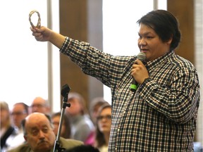 Dallas Pelly, undergraduate student in the college of education, speaks during a University of Saskatchewan Truth and Reconciliation event at Marquis Hall in Saskatoon on March 7, 2017.