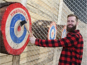 Tim Abramoff, co-owner of TimberJAXE, one of two indoor axe throwing facilities opening in Saskatoon.