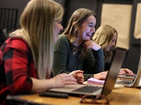Lauren Holfeuer and four others are adding posts to performancewiki.ca to increase the visibility of women and under-represented individuals in the theatre arts during the Equity in Theatre Hackathon event at Persephone Theatre on March 8, 2017.  (Michelle Berg / Saskatoon StarPhoenix)