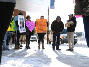 The family of Nikosis Jace Cantre gathered outside Saskatoon provincial court on March 8, 2017 with signs and songs calling for justice.