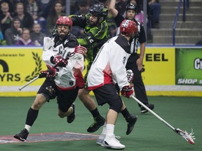 Adam Jones (centre) and his Saskatchewan Rush will play this weekend in Vancouver after beating Calgary this past Saturday.