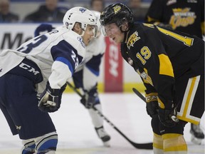 Saskatoon Blades' scoring leader Braylon Shmyr (left) and his teammates will play two important home games this weekend.