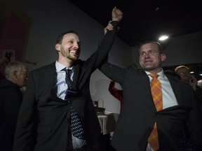 Saskatoon Meewasin MLA Ryan Meili celebrated his election victory alongside NDP Leader Trent Wotherspoon (right) on March 2, 2017.