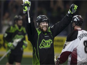 Saskatchewan Rush forward Ben McIntosh celebrates after defeating the Colorado Mammoths 12-11 at the SaskTel Centre.