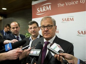 Federal Agriculture Minister Lawrence MacAulay addresses media at the SARM Annual Convention at Prairieland Park in Saskatoon, SK on Thursday, March 16, 2017.