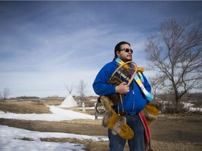 Chris Standing, the senior interpreter at Wanuskewin Heritage Park, showed off one of the competitions during this years Trapper Festival outside Saskatoon, Sask. on Saturday, March 18, 2017.