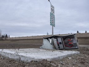 The remains of a speed camera box that has been damaged on Circle Drive near the Taylor Street exit in Saskatoon, SK on Tuesday, March 21, 2017.