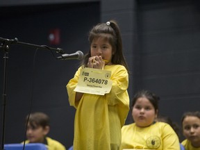 Geniva Favel-Kay competes in the 2nd Annual First Nations Provincial Spelling Bee contest held at St. Mary's Education & Wellness Centre in Saskatoon, March 24, 2017.