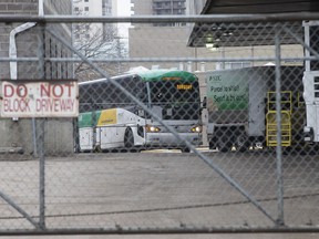 A Saskatchewan Transportation Company (STC) bus arrives at the depot in Saskatoon, March 28, 2017.