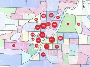 This map shows where lead pipes are located in the city, according to the City of Saskatoon's 2016 inventory. (City of Saskatoon)