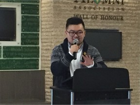 University of Saskatchewan Students Union president Kehan Fu speaks at the USask Matters event to call on the government to commit to annual funding increases tied to the Saskatchewan CPI.