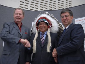 Treaty commissioner Bill McKnight (left), with FSIN Vice-Chief Lyle Whitefish and Education Minister Ken Krawetz during a signing ceremony in Regina in 2008.