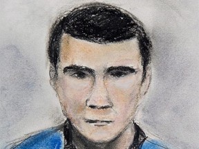 A sketch of Matthew de Grood, appearing in a Calgary court on Tuesday April 22, 2014, by artist Janice Fletcher, is shown. A panel is to get an update this week on Matthew de Grood&#039;s mental health treatment, three years after the Calgary man stabbed five young people to death at a house party. THE CANADIAN PRESS/Janice Fletcher