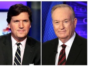 FILE - In this combination photo, Tucker Carlson, host of &ampquot;Tucker Carlson Tonight,&ampquot; appears on the set in New York, Thursday, March 2, 2107, left, and Fox News personality Bill O&#039;Reilly appears on the set of his show, &ampquot;The O&#039;Reilly Factor&ampquot; on Oct. 1, 2015 in New York. O&#039;Reilly says he&#039;s sad and surprised that he&#039;s off TV but is confident the truth will come out about his exit from Fox News. Five days after his firing amid sexual harassment allegations, O&#039;Reilly aired an episode Monday of his per