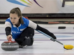 Rachel Homan throws a rock during this week's Canadian mixed doubles championship in Saskatoon.