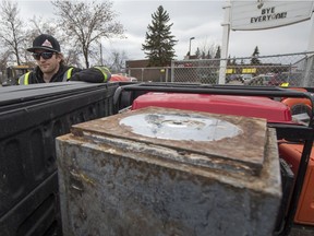 A safe that was discovered during the demolition of the former Bonanza restaurant sits in the back of the truck of Ryan Schwab, project co-ordinator with Z.C.T. Construction in Saskatoon, Sask. on Thursday, April 27, 2017.
