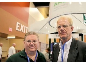 James A. Rowan (left) is shown with actor Ed Begley Jr. in a video promoting Enviro-Energies' vertical axis wind turbine. Rowan faces two counts of fraud related to his wind turbine business and was located in Saskatoon, where his parents reside.