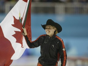 SALT LAKE CITY, UT - FEBRUARY 14:  Catriona Lemay Doan of Canada wins the gold in the women's 500m speed skating event during the Salt Lake City Winter Olympic Games on February 14, 2002 at the Utah Olympic Oval in Salt Lake City, Utah.