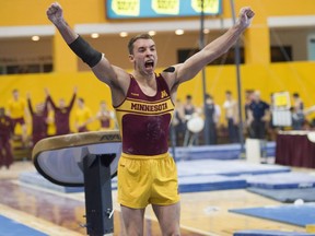 Regina native Joel Gagnon, who attended Holy Cross High School in Saskatoon in Grade 11 and 12 while training at Taiso Gymastics, invented a move now recognized by the International Gymnastics Federation. He currently attends the University of Minnesota. (Copyright Christopher Mitchell / SportShotPhoto.com / Minnesota Athletics)