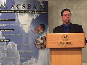 Saskatchewan Catholic School Board Association spokesperson Tom Fortosky announcing the decision to appeal the Theodore Case ruling in Saskatoon on April 28, 2017. (Erin Petrow / Saskatoon StarPhoenix)