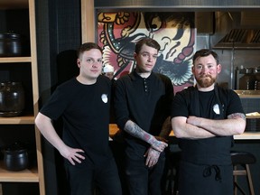Sticks and Stones general manager Brett Theriault, bar manager Chad Coombs and kitchen manager Nathan Guggenheimer at their new Japanese and Korean cuisine restaurant located at 226 2nd Avenue South in Saskatoon.