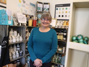 Jody Timm, owner of Paint B'dazzle, stands for a photo in her store on 1814A Lorne Avenue which carries van Gogh Fossil Paint, Fusion Mineral Paint, décor and hardware with a vintage touch on April 26, 2017.