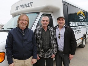 AV Transit Operations Manager Jim Pravda, owner David Gersher and General Manager Kelly Rapko stand with their bus which will offer transportation between Saskatoon, Martensville and Warman starting May 1.