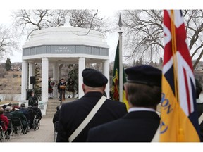 The Royal Canadian Legion Saskatoon Branch 63 commemorates the Battle of Vimy Ridge with a Legion Colour Party parade from under the Broadway Bridge to the Vimy Memorial in Kiwanis Park in Saskatoon on April 9, 2017. April 9th, 1917 is described as the "Birth of our Nation".