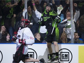 Saskatchewan Rush defender Mike Messenger celebrates after scoring a breakaway goal Saturday against the Vancouver Stealth at SaskTel Centre.