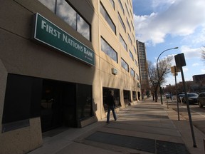 The First Nations Bank owned by the Yellow Quill First Nations is seen pictured on the corner of 20th Street and Fourth Avenue in Saskatoon.