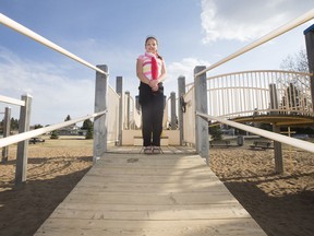 Torin Wunder-Buhr stands for a photo at Saint Philip School playground where she broke her arm last year in Saskatoon, SK on Thursday, April 20, 2017.