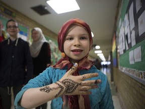 Audra Dymund showed off her henna tattoo at the Islamic Association of Saskatchewan during a Mosque Open House  in Saskatoon, April 22, 2017.