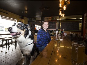 Angela Koop sits at the bar with her dog Jake enjoy a pint at Prairie Sun Brewery, one of a growing number of pet-friendly businesses in Saskatoon.