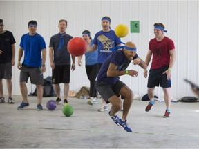 Michael Schwandt jumps to doge a few balls during a game against the Blue Balls during a tournament held by Saskatoon Sexual Health in Saskatoon, SK on Saturday, April 29, 2017.