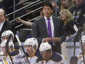 Buffalo Sabres coach Ted Nolan watches his team play the Colorado Avalanche in the third period of an NHL hockey game Saturday, March 28, 2015, in Denver. Colorado won 5-3.