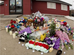 The flowers left as a memorial outside of Louisiana's Bar-B-Que in La Ronge following Simon Grant's death. Photo provided by Cora Laich, April 20, 2017