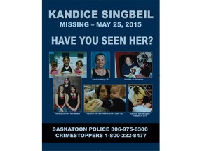 A Saskatoon Police Service poster shows photos provided by the Singbeil family of Kandice Singbeil, her son Nethan and daughter Kaestin. Singbeil went missing in May 2015. Uploaded May 29, 2017.