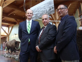 Andrew Coutts, managing partner for Deloitte in Saskatoon, left, can be seen with Ernie Walker, a archeologist and a board member of the Thundering Ahead campaign, alongside Saskatoon Tribal Council Chief, Felix Thomas on May 16, 2017. The three were at Wanuskewin Heritage Park on Tuesday for the annoucement of a $500,000 donation on behalf of Deloitte, a contribution officials say was significant as the campaign edges closer to its $40 million goal.