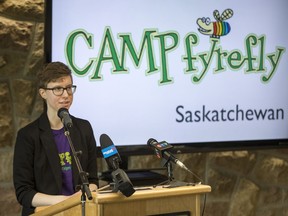 Tressa Dent, former camper, speaks during a media event to announce the details of Firefly in schools initiative at the Education Building on the University of Saskatchewan campus in Saskatoon, SK on Friday, May 12, 2017. (Saskatoon StarPhoenix/Liam Richards)