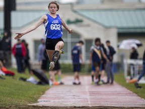 Bishop James Mahoney High School student Angela Moser takes part in long jump during day 2 of the City high school track and field championship at Griffiths Stadium on the University of Saskatchewan campus in Saskatoon, SK on Thursday, May 25, 2017.