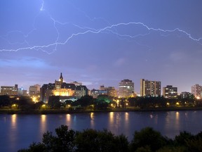 Lightning forks across downtown Saskatoon during an evening thunderstorm in July 2011