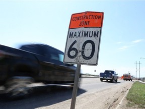 A construction zone sign at the intersection of Boychuk Drive and Highway 16 in Saskatoon. (Michelle Berg / Saskatoon StarPhoenix)