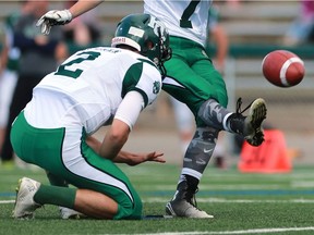 A North player kicks the ball at last year's Ed Henick Senior Bowl at SMF Field in Saskatoon on May 23, 2016.